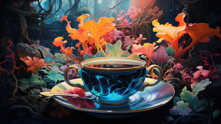 Cup of coffee with floral background,の素材