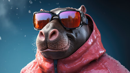 Close up portrait of a hippopotamus wearing sunglasses and a pink jacket.の素材