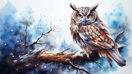 Watercolor Owl on the tree in winter forest.の素材