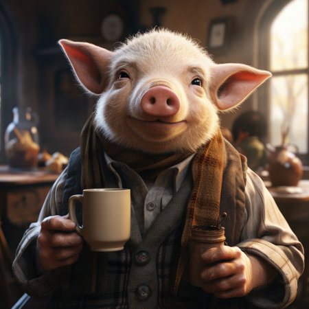 Cute little pig with a cup of hot drink in his handsの素材