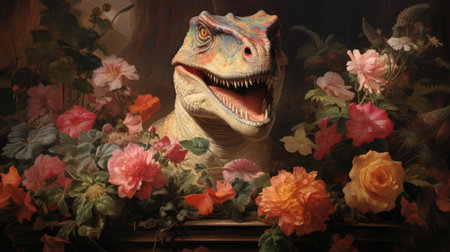 Tyrannosaurus Rex dinosaur with flowers in the backgroundの素材