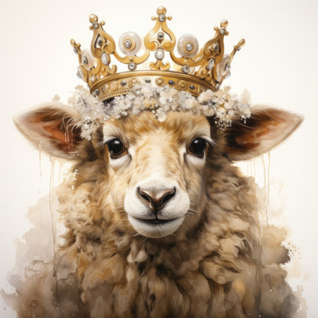 Portrait of a sheep wearing a crown on a white background.の素材