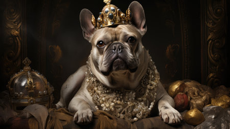 french bulldog wearing a golden crown on a dark vintage backgroundの素材