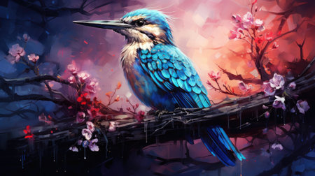 Beautiful blue bird sitting on a branch of a blossoming treeの素材