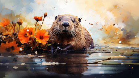 Watercolor portrait of a wild beaver and flowers in the waterの素材