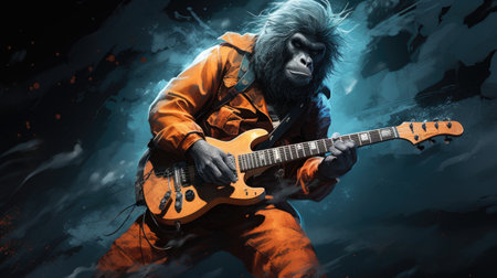 Guitarist in orange raincoat with electric guitar on dark backgroundの素材