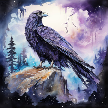 Watercolor raven on a rock in the woods.の素材