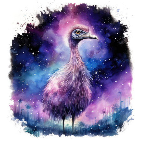 Watercolor Ostrich on night starry sky background.の素材