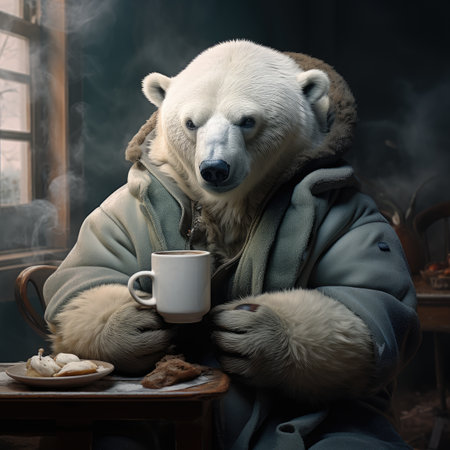 Polar bear in a coat with a cup of coffee. Retro style.の素材