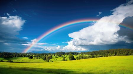 rainbow over green meadow and forest under blue sky with cloudsの素材