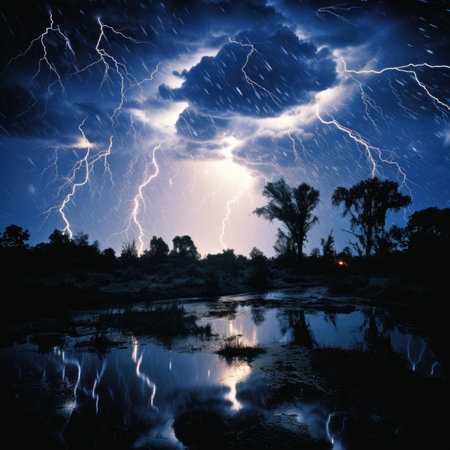 Thunderstorm and lightning over the lake in the wildernessの素材