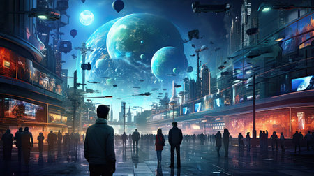 Surreal image of a man looking at the night city.の素材