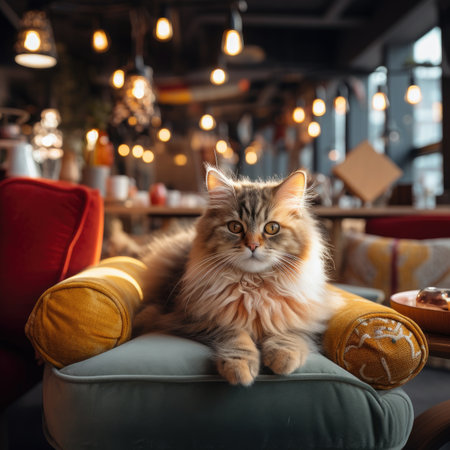 Cute maine coon cat sitting on chair in cozy cafeの素材