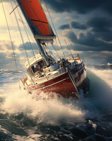 Sailing yacht in stormy seaの素材