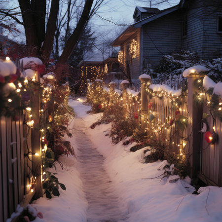 Christmas lights in the snow on a street in a residential neighborhood.の素材