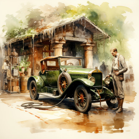 Watercolor Vintage retro car on the background of an old houseの素材