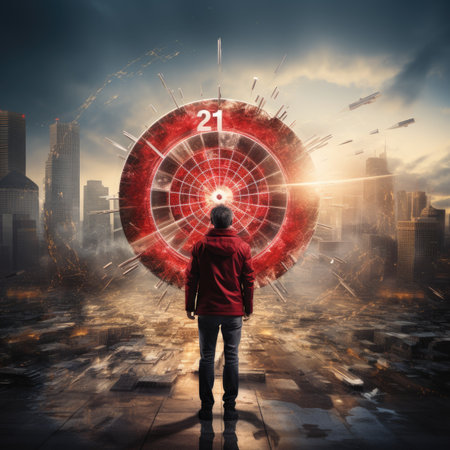 Man looking at a red target on the background of the city.の素材
