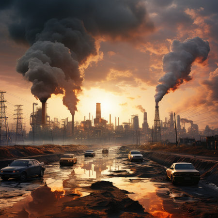 Power plant with smoking chimneys and cars on the road at sunsetの素材