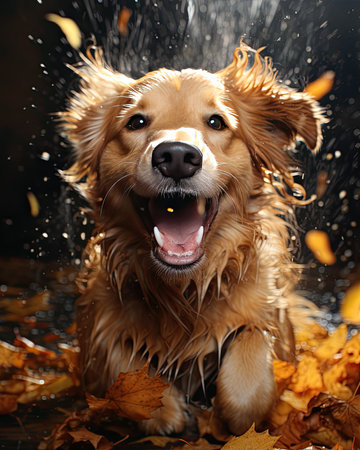 Cute golden retriever dog playing in autumn leaves. Studio shot.の素材