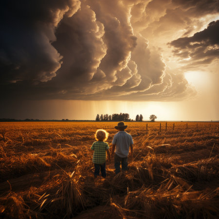 Little boy and his father walking on wheat field at sunset with stormy skyの素材