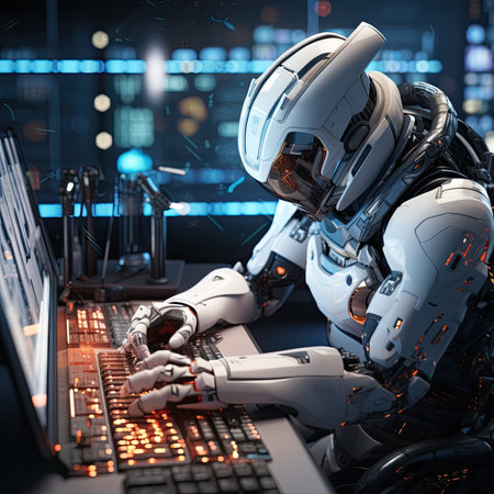 humanoid robot working on laptop computer in dark room.の素材