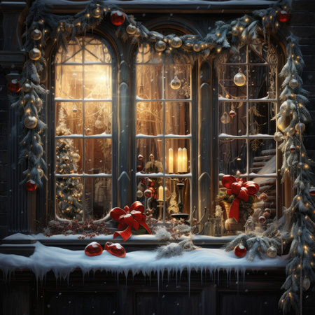 Christmas window decorated with Christmas ornaments and lightsの素材