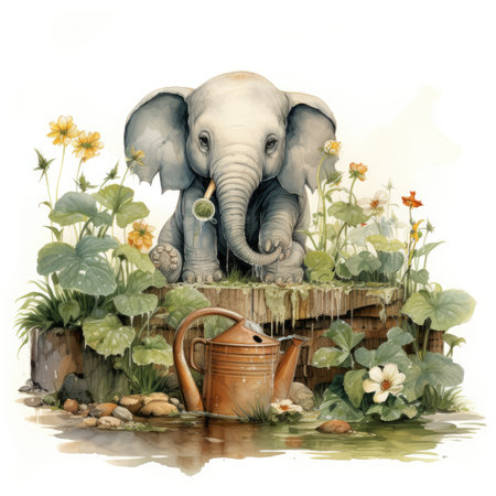 Watercolor elephant with a watering can in the gardenの素材