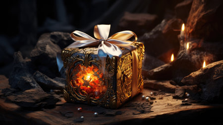 Candle in the shape of a gift box with a bow on a dark backgroundの素材