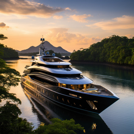 Luxury yacht in the sea at sunset. Luxury yacht at sunset.の素材