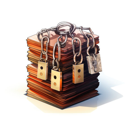 Vector illustration of a pile of books with metal chain and padlockの素材