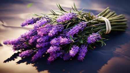Lavender flowers bouquet on dark water backgroundの素材