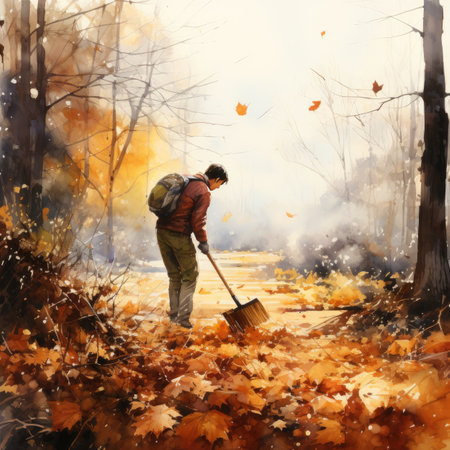 Man sweeping the fallen leaves in the autumn forest.の素材