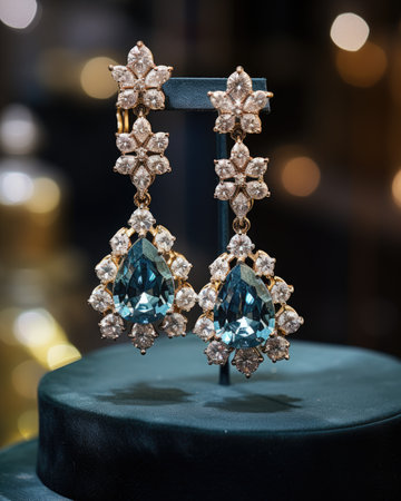 jewelry diamond earrings on a black stand in the shop windowの素材