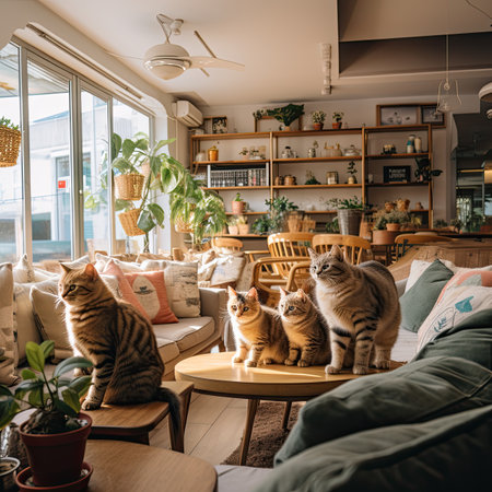 Funny cats sitting on a coffee table in a cozy living roomの素材