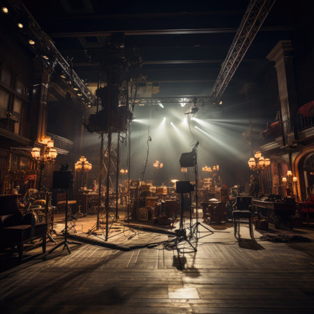 Interior of a music hall with lights and spotlights at nightの素材