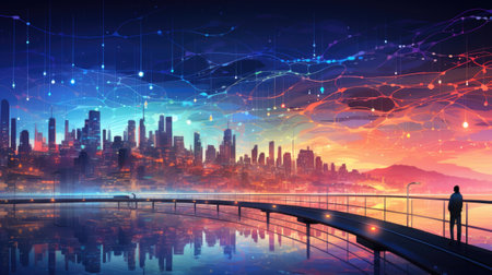 Silhouette of businessman looking at the city and network connection conceptの素材