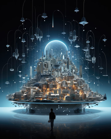 Futuristic city concept with hologram of a man standing in front of the planetの素材