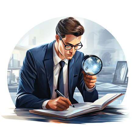 a man in a business suit looking through a magnifying glass at a book.の素材