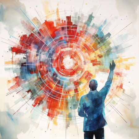 Back view of businessman on abstract colorful background. Success concept. Double exposureの素材