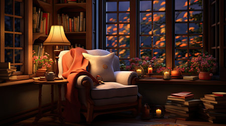 Interior of a cozy living room with a bookcase, an armchair, a bookcase, a bookcase and a burning candleの素材