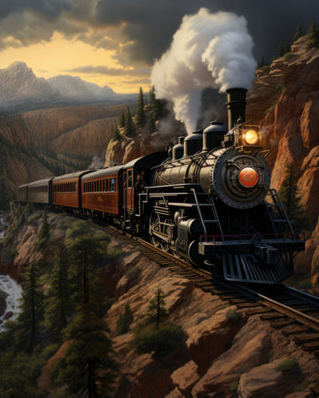 Steam locomotive in the mountains at sunset.の素材