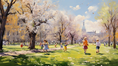 a group of children playing in a park in Parisの素材