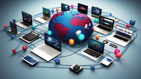 Laptop network around the world. Global communication.の素材