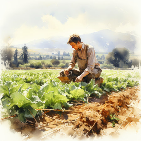 Watercolor young farmer working in a vegetable garden.の素材
