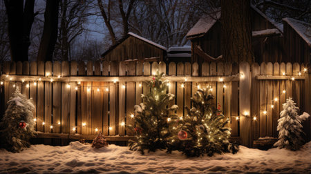 Christmas tree in front of a wooden fence in the forest at nightの素材
