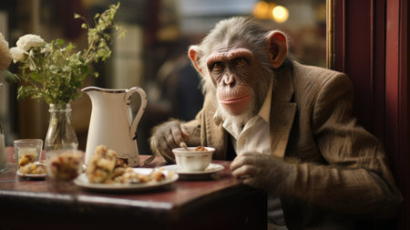 Chimpanzee sitting at a table in a coffee shop.の素材