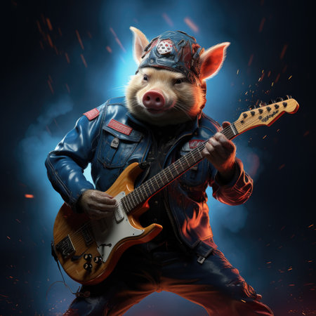 Portrait of a pig dressed as a pilot with electric guitar.の素材