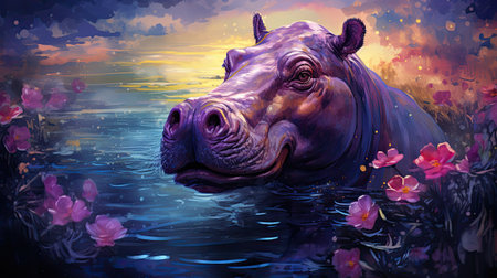 Hippopotamus in the water with flowers.の素材