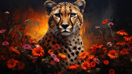 Cheetah on the background of the fire and flowers.の素材