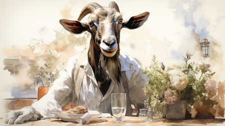 a portrait of a goat sitting at the table.の素材